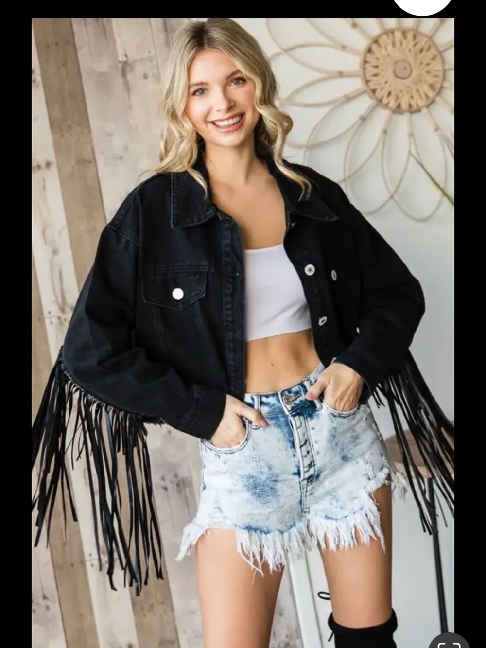 Fringed Black Denim Jacket - Women's Casual Coat